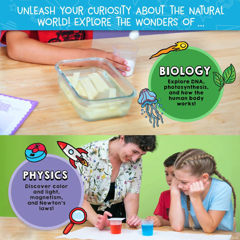 Children engaging with 100 Jaw Dropping Science Experiments Kit With Over 60 Tools And Materials For Chemistry Physics Biology And Earth Science Projects Includes Science Journal Hands On Fun For Kids Ages 6 And Up.