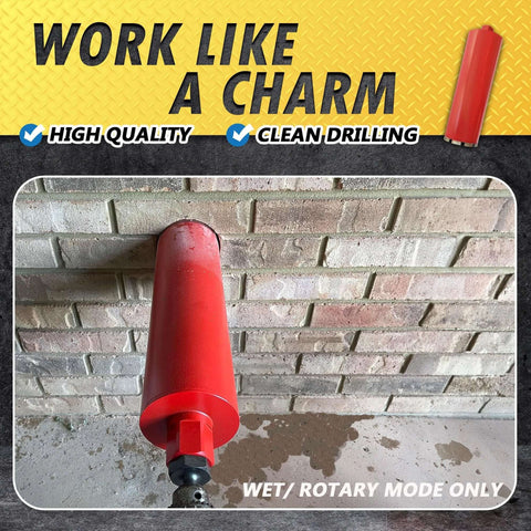 Side view of a red 3-inch wet core drill bit with a 1-1/4-inch-7 arbor resting against a brick wall