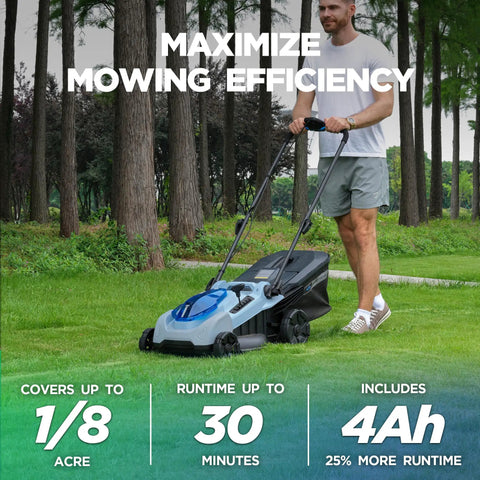 18 Inch 40V Max Brushless Cordless Push Lawn Mower With 4.0Ah Battery, 148Wh Total Power, Charger Included, Up To One Eighth Of An Acre Coverage, About 30 Minute Runtime, Lightweight, Easy Start, Mulch And Side Discharge Options. Man mowing grass