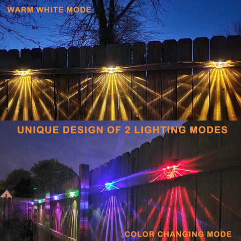 6 Pack Outdoor LED Step Lights with Dual Mode Warm White and Color Changing illuminating a wooden fence