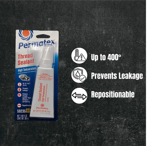 Front view of High Temperature Thread Sealant Kit 50 Ml Pack Of 6 That Seals Leaks Like A Champ package showing tube and instructions.