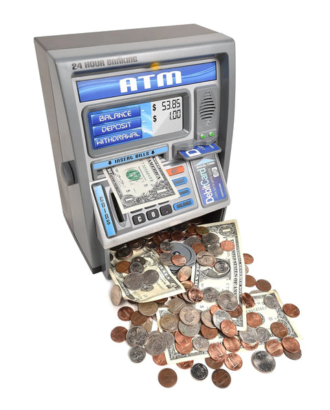 Talking ATM Piggy Bank For Kids With Digital Screen And Real Money Calculator, Interactive Safe Box, Coins and Bills Out