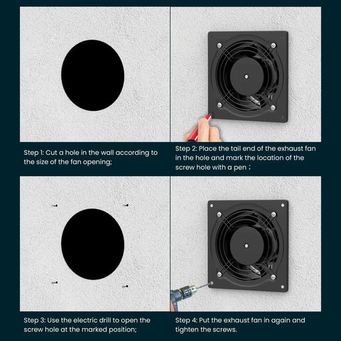 Installation steps for 6 Inch Exhaust Fan For Kitchen Bathroom Attic And Garage With 308 CFM Wall Mount Vent Metal Extractor Durable Motor