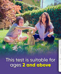 Mother and child playing in yard with image of 3 In 1 Covid Flu At Home Test Kit With 10 Minute Results For Covid Flu A And Flu B