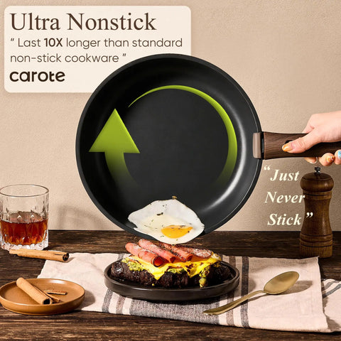 Detachable Handle 19 Piece Nonstick Cookware Set For Induction Cooktops with frying pan and egg demonstration