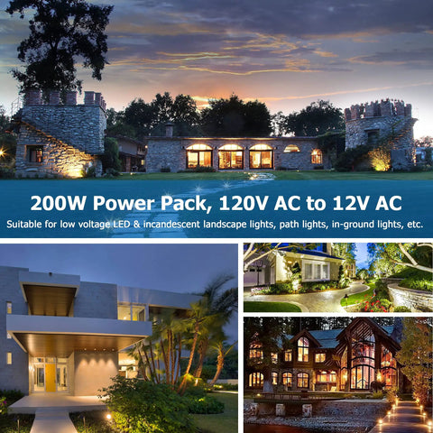 200W Low Voltage Landscape Transformer With Timer And Photocell Sensor Waterproof Ideal For LED Landscape Lighting Path Lights And Outdoor Spotlights From 120V To 12V ETL Listed with outdoor lighting and houses