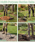 Heavy Duty Metal Bow Rake With 62 Inch Adjustable Handle Dual Sided Dethatching Rake used for clearing leaves and loosening soil