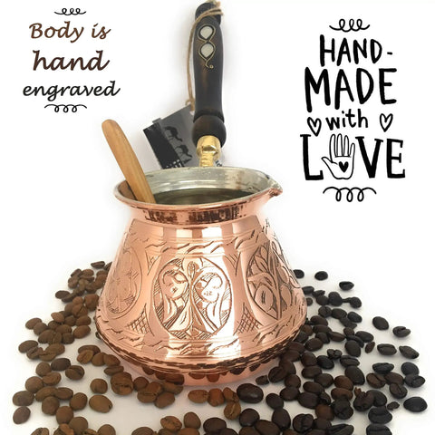 Dope Thick Solid Copper Turkish Greek Arabic Coffee Pot With Wooden Handle For Stovetop Brewing Jazzve Cezve Ibrik Briki Café Turco Large 18 Oz Engraved Design Authentic Turkish Coffee Maker