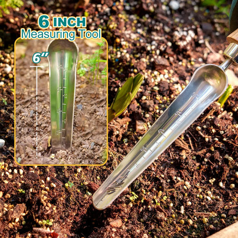 Seed Dibber Tool With Measuring Scale And Stainless Steel Tip Wooden Handle For Precise Seed Planting Transplants