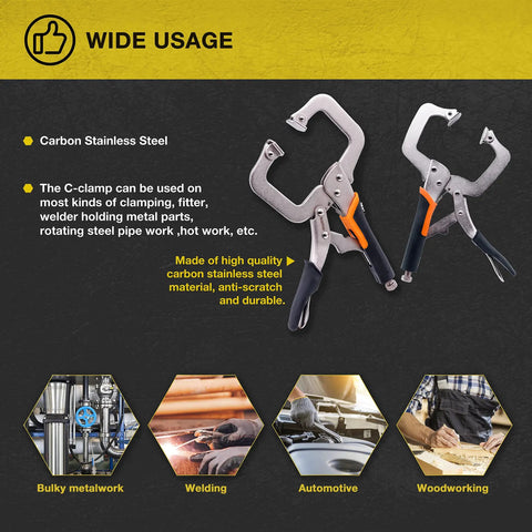 Heavy Duty Locking C-Clamp Set 6, 9, 11 Inch With Swivel Tips for metalwork, welding, automotive, and woodworking projects