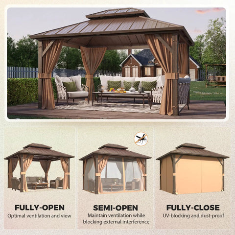 10x12 Hardtop Gazebo With Aluminum Frame And Metal Roof, Double Galvanized Steel Roof For All Weather Durability, Includes Curtains