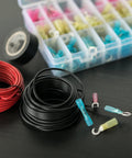 All In One Heat Shrink Wire Connectors Kit With 270 Pc Waterproof Electrical Crimp Terminals in toolbox with cables.