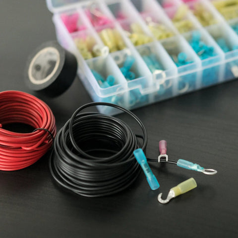 All In One Heat Shrink Wire Connectors Kit With 270 Pc Waterproof Electrical Crimp Terminals in toolbox with cables.