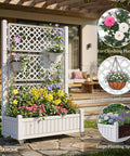 All Weather Raised Garden Bed With Trellis And Privacy Screen On Wheels, Drain Plug, Water Level Indicator, White on patio