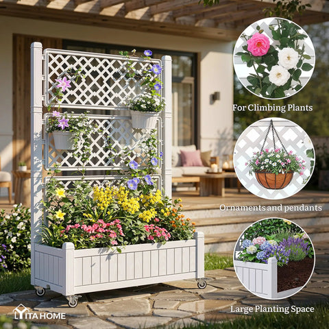 All Weather Raised Garden Bed With Trellis And Privacy Screen On Wheels, Drain Plug, Water Level Indicator, White on patio