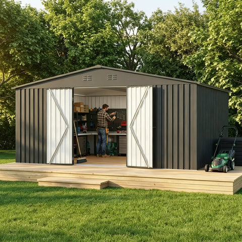 14x12 Ft Metal Outdoor Storage Shed with Lockable Door and Sloped Roof for Heavy Duty Weatherproof Galvanized Steel Construction