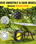 Flat Free 4.80 4.00 8 Inch Wheel And Tire For Wheelbarrows shown with non-slip pattern in a garden setting