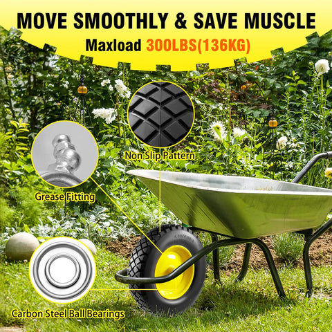 Flat Free 4.80 4.00 8 Inch Wheel And Tire For Wheelbarrows shown with non-slip pattern in a garden setting