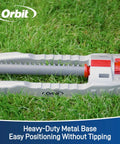 Close-up side view of oscillating water sprinkler for lawn and garden with metal base and custom pattern dial covers
