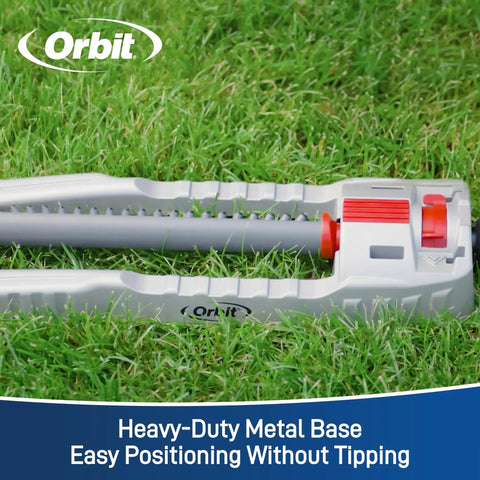 Close-up side view of oscillating water sprinkler for lawn and garden with metal base and custom pattern dial covers