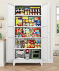 Badass Heavy Duty Metal Storage Cabinet With Two Doors And Four Expansive Shelves, Slick White Farmhouse Pantry Organizer For Kitchen, Garage Or Basement Area filled with food items.