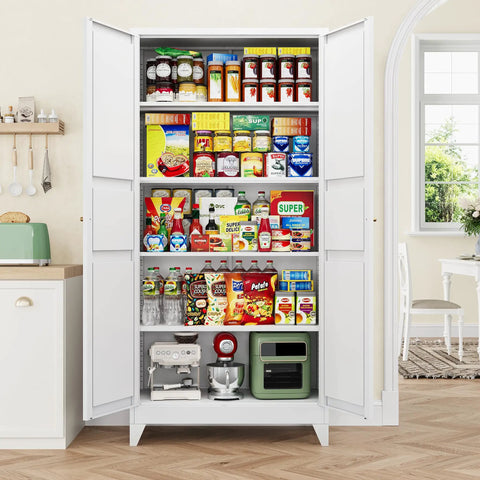 Badass Heavy Duty Metal Storage Cabinet With Two Doors And Four Expansive Shelves, Slick White Farmhouse Pantry Organizer For Kitchen, Garage Or Basement Area filled with food items.
