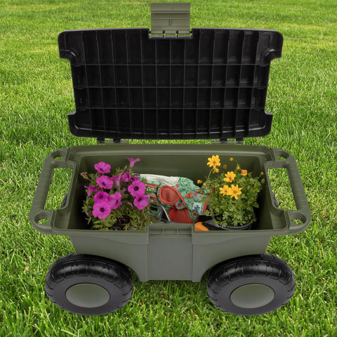 Rolling Garden Cart With Seat For Planting And Weeding Plastic Storage Bench And Interior Tool Tray in green on grass