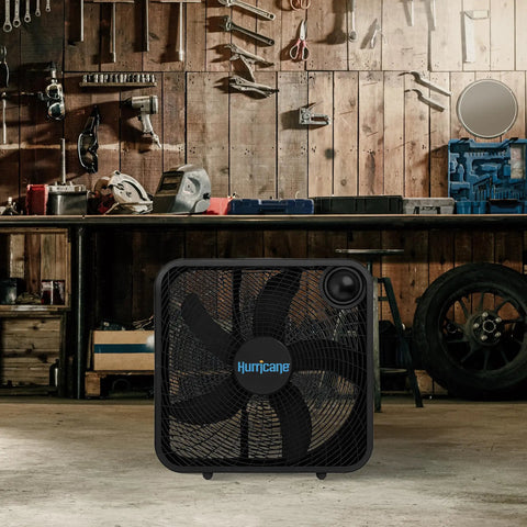 Classic 20 Inch Floor Mount Box Fan With 3 Quiet Speeds Black Corded Portable Air Cooler Delivers Beastly 2400 CFM Of Airflow For Home Garage Office Bedroom And Basement in a workshop setting
