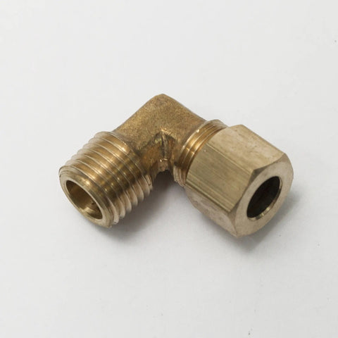 Heavy Duty Brass Compression Elbow 90 Degree Connector Fits 5 16 Inch Tubing With 1 4 Male Npt Thread Includes Nuts And Ferrules Bulk Pack Of Two Fifty showing brass fitting side view