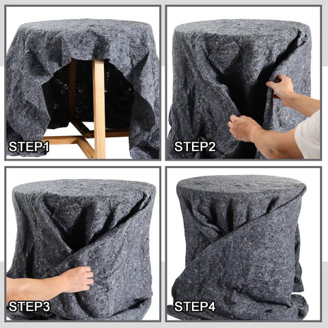 Step-by-step wrapping process using 24 Piece Bulk Pro Grade Built Tough Moving Blankets 80 By 72 Inch Quilted Furniture Pads, gray fabric