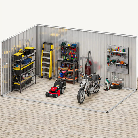 Interior of Large 12 By 8 Foot Outdoor Tool Shed With Window And Lockable Doors Sloped Roof Weatherproof Steel Garden Storage