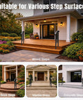 Tough As Nails 2 Step Handrails For Outdoor Porches Heavy Duty Wrought Iron Safety Railing installed on wood and brick steps.