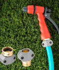 2 Pack Garden Hose Repair Kit With Hose End Mender Set Fits Three Quarter Inch And Five Eighth Inch Connectors Includes 2 Male 2 Female Couplings Zinc Clamps Aluminum Joints And 4 Extra Rubber Washers For Leak Proof Water Repair on grass with red nozzle