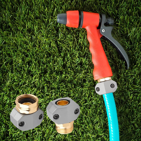 2 Pack Garden Hose Repair Kit With Hose End Mender Set Fits Three Quarter Inch And Five Eighth Inch Connectors Includes 2 Male 2 Female Couplings Zinc Clamps Aluminum Joints And 4 Extra Rubber Washers For Leak Proof Water Repair on grass with red nozzle