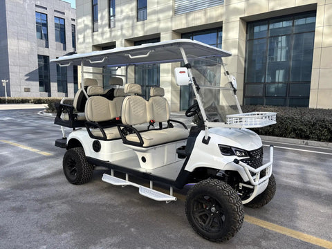 Electric Golf Cart With Reliable Lithium Battery And Built In Insulated Cooler White Four Plus Two Seater with spacious seats and 14 inch tires.
