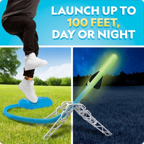 Child using Air Rocket Launcher Kit With Glow In The Dark Foam Rockets Up To 100 Feet Kid Powered Outdoor STEM Toy For Backyard Fun