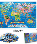 Large 200 Piece World Map Puzzle For Kids And Adults Floor Jigsaw Map For Learning Geography With 65 Countries 7 Continents 4 Oceans Landmarks And Wildlife Fun Educational Toy For Boys And Girls, showing puzzle layout and box.