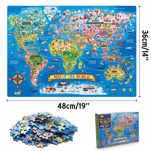 Large 200 Piece World Map Puzzle For Kids And Adults Floor Jigsaw Map For Learning Geography With 65 Countries 7 Continents 4 Oceans Landmarks And Wildlife Fun Educational Toy For Boys And Girls, showing puzzle layout and box.