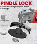 Cordless Four Point Five Inch Angle Grinder With Brushless Motor Three Speed Settings Up To 8500 RPM Spanner Included Compatible With Milwaukee 18V Battery Battery Not Included Fast And Smooth Cutting And Grinding For Boss Level Results with spindle lock system diagram and disc components displayed.