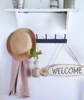 Heavy Duty Wall Mounted Coat Rack With Six Double Hooks Sturdy Metal Rail For Coats Purses Jackets And Backpacks Entryway Organizer In Black 17.1 Inch Long with hat and welcome sign