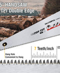 Close-up of a 15 Inch Hand Saw With 7 TPI For Wood Cutting, showing blade teeth and hang hole, over a background of cut logs.