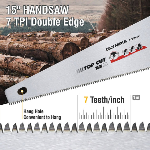 Close-up of a 15 Inch Hand Saw With 7 TPI For Wood Cutting, showing blade teeth and hang hole, over a background of cut logs.