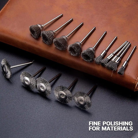 15 Piece Stainless Steel Wire Brush Kit for Dremel and Rotary Tools with pen, cup, and wheel shapes on 1/8 inch mandrel