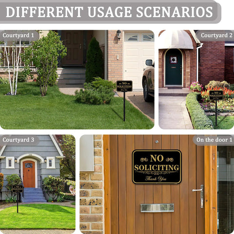 Heavy Duty No Soliciting Yard Sign With 37 Inch Adjustable Stake For Home And Biz 14 By 10 Inch Aluminum Sign in different yard scenarios