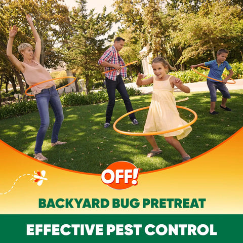 Family playing with hula hoops in backyard, using Backyard Bug Control Pretreat 32 Oz for outdoor insect protection