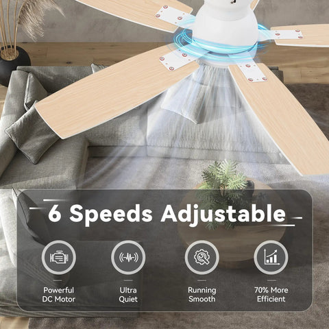 42 Inch Ceiling Fan With Light And Remote And App Control, low profile flush mount, double-sided blades over living room