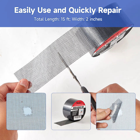 Heavy Duty Window Screen Repair Tape 2 Inch By 15 Foot Roll, Tough Adhesive Mesh Patch Kit being cut for DIY fix.