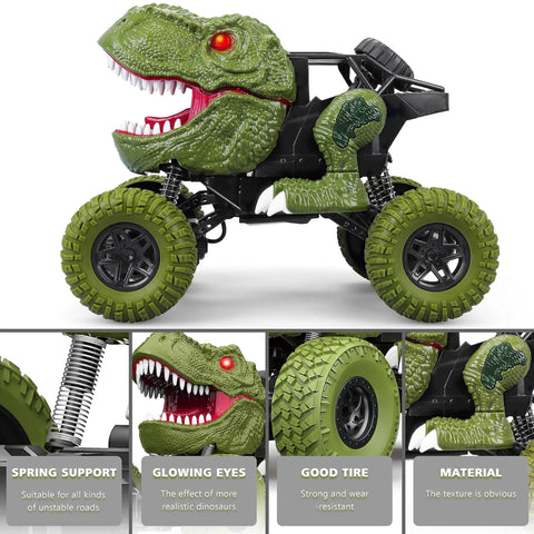 Awesome All Terrain Dinosaur RC Car for Kids, green 4WD remote control monster truck with glowing eyes and spring support detail