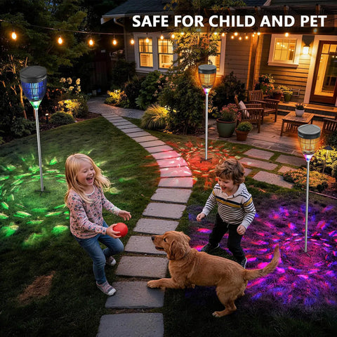 Outdoor Solar Bug Zapper 4200V Mosquito Killer in garden with RGB flame lights and children playing, safe for child and pet.