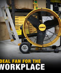 Beefy Workhorse 24 Inch Industrial Drum Fan With High Velocity Airflow in a workplace, metal floor fan, 360 degree tilt, large wheels, yellow.